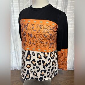 Plus size 2 XL Women's Black &Orange Patterned Top 25” p2p 29”L long  sleeve
